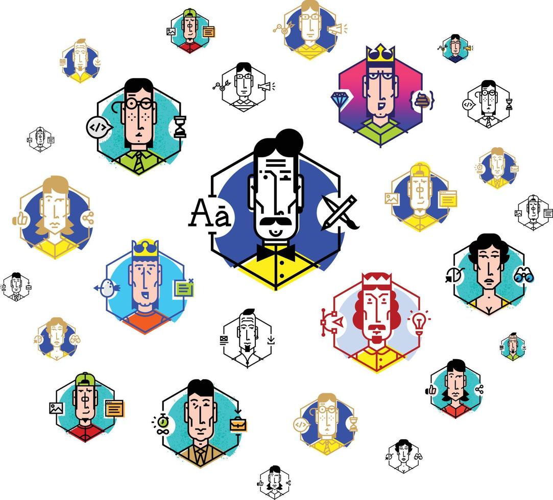 Social network, people communicate. Vector flat illustration. The icons are isolated on a white background. People of the profession.  Boss, director, chief and structure of the company.