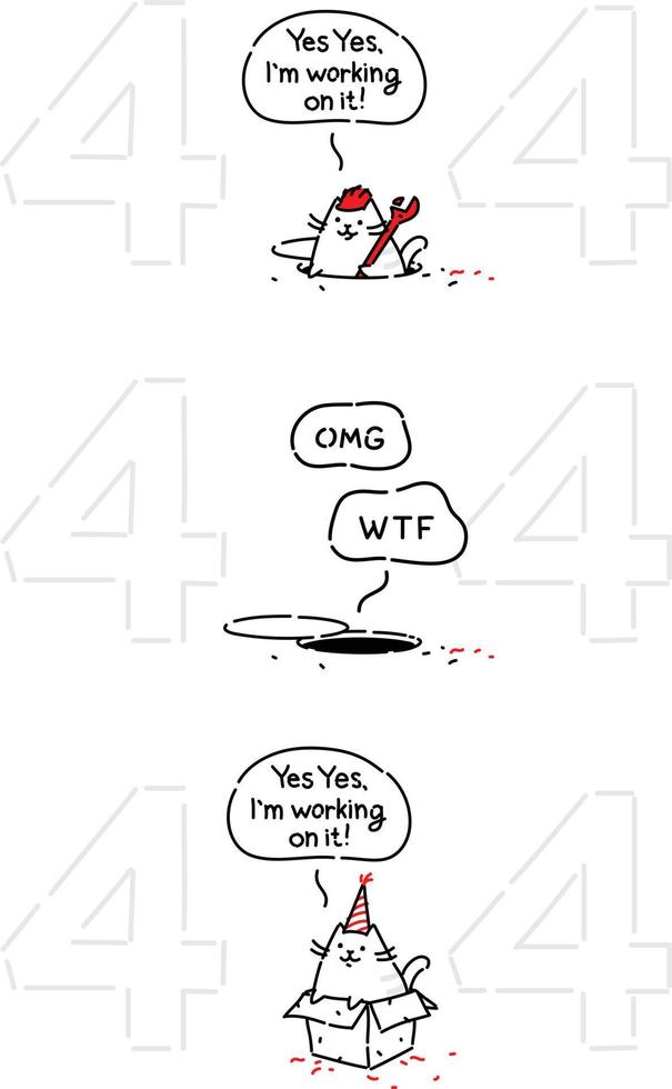 Cartoon funny cat on page 404. Vector flat illustration. The character is isolated on a white background. Cat's character for the page Error 404. Funny kitty for the site and postcards. Mascot.