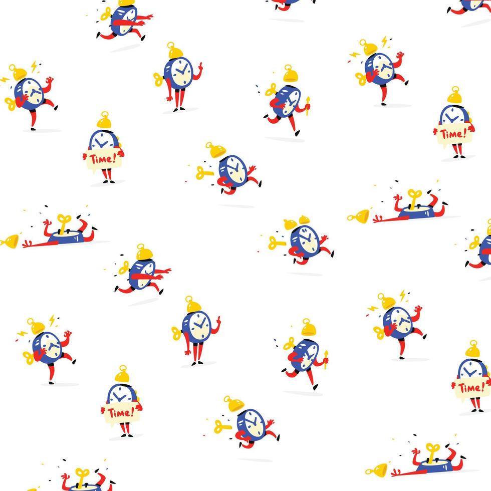 Pattern of blue alarm clocks in various poses and emotions. Vector. Illustrations from emotional hours. Time icons Flat style. Ornament for fabric and textiles. Mode of operation. Break for lunch. vector