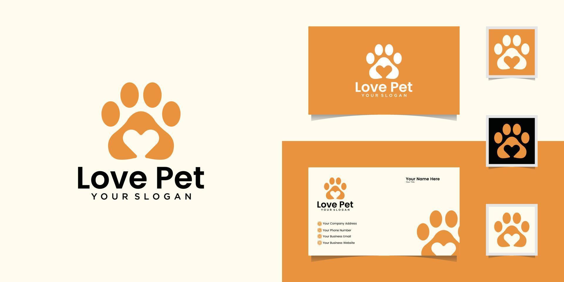 Paw love animal symbol with heart, vector isolated and business card