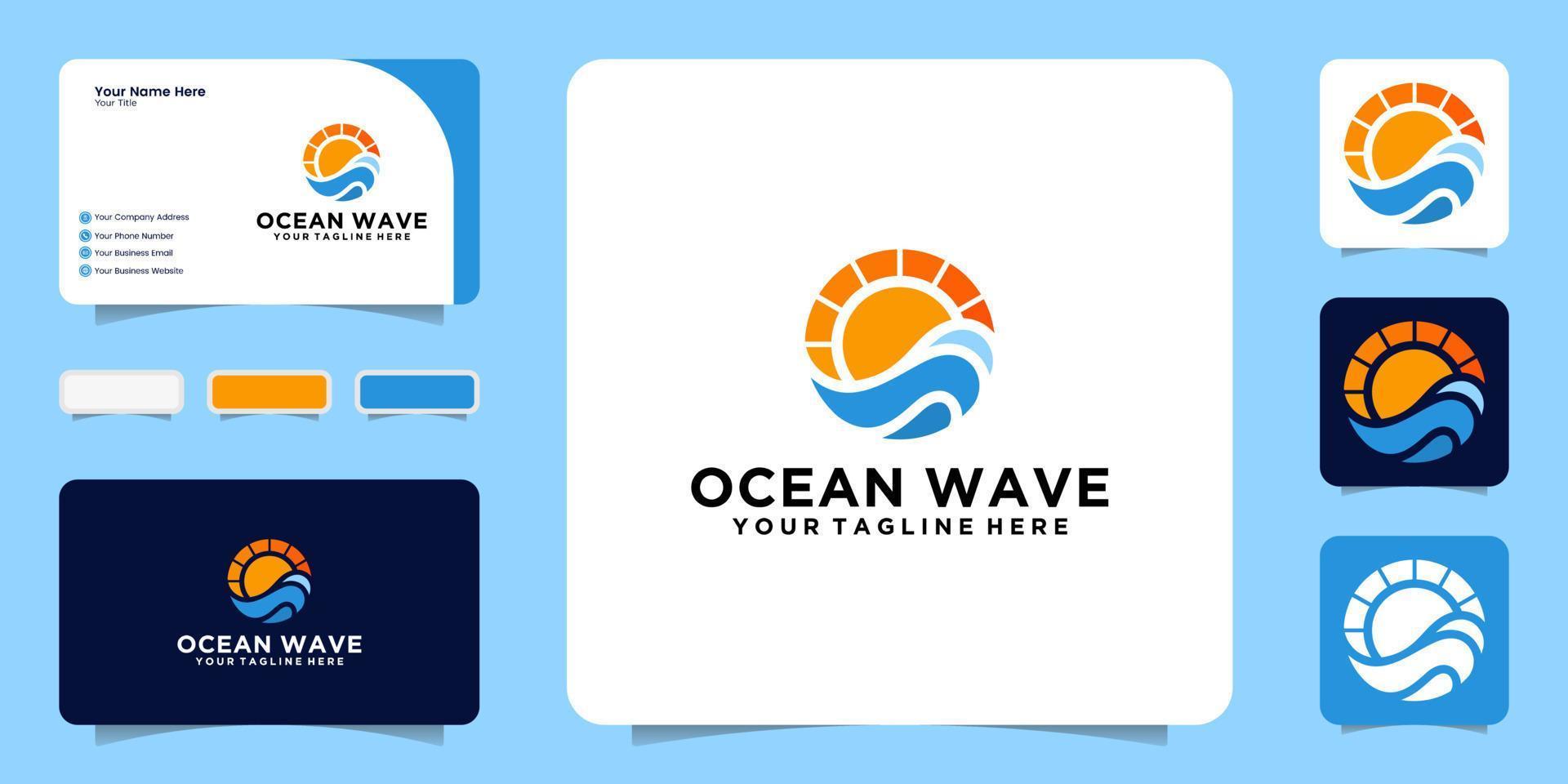 diseño de logotipo de olas de playa y puesta de sol con tarjeta de visita vector