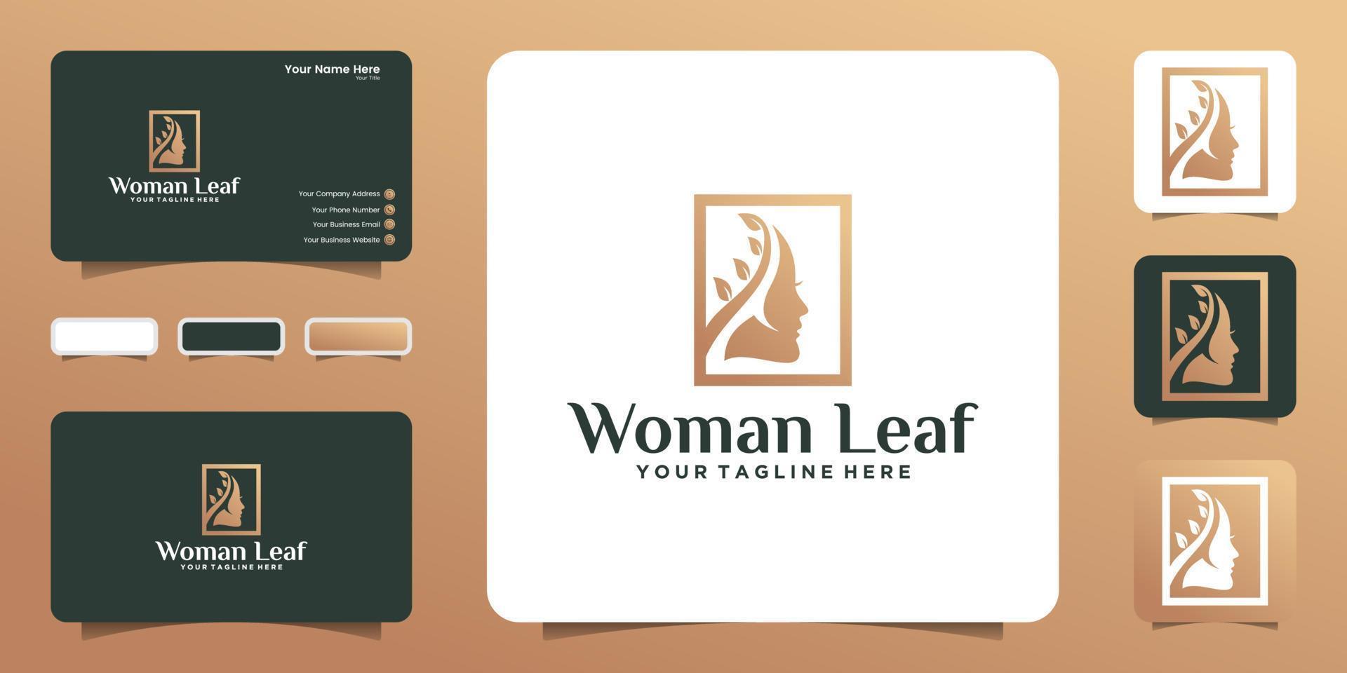natural beautiful woman logo design with square frame, icon, symbol and business card vector