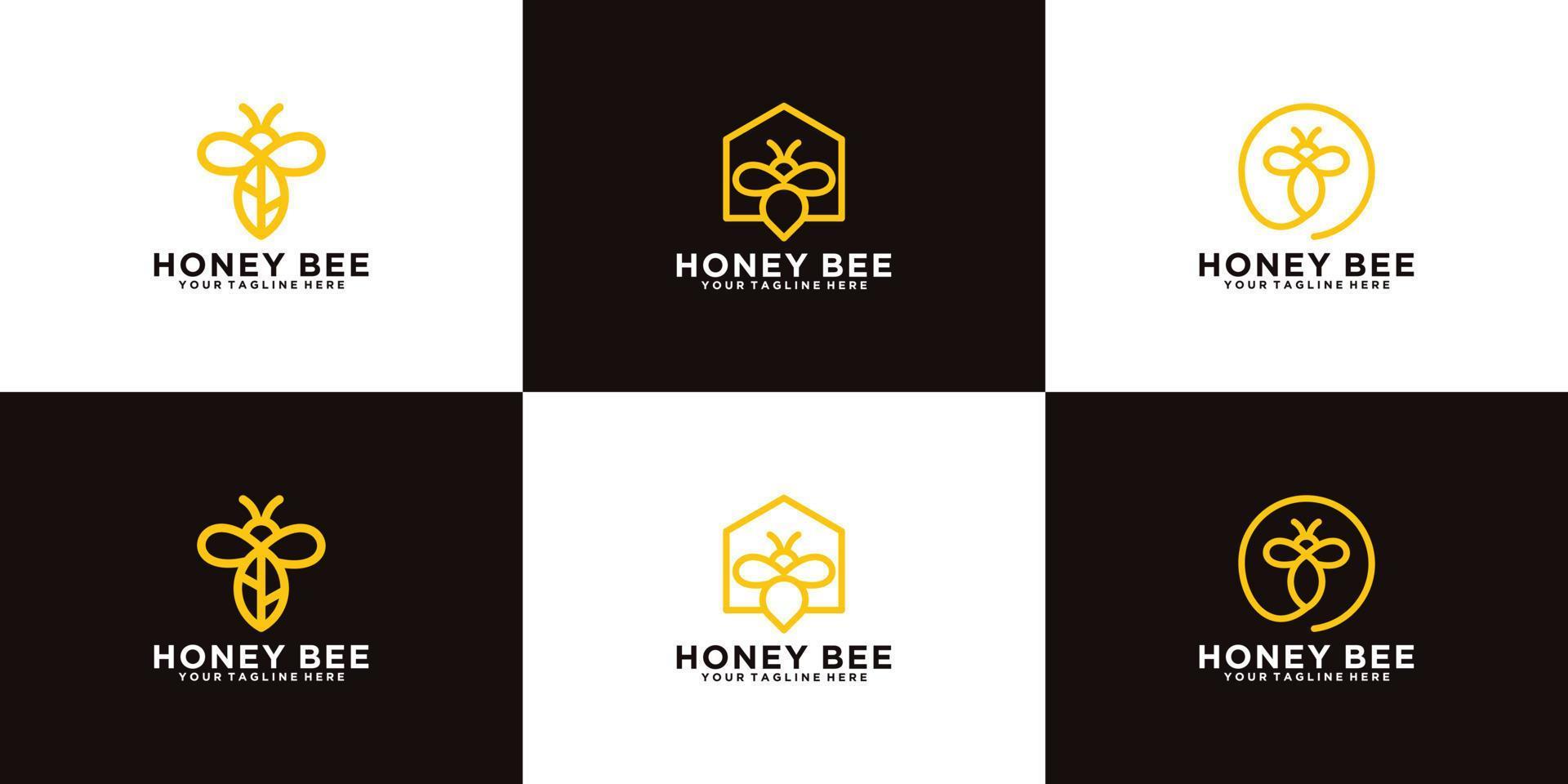 collection of honey bee animal designs with line art style vector