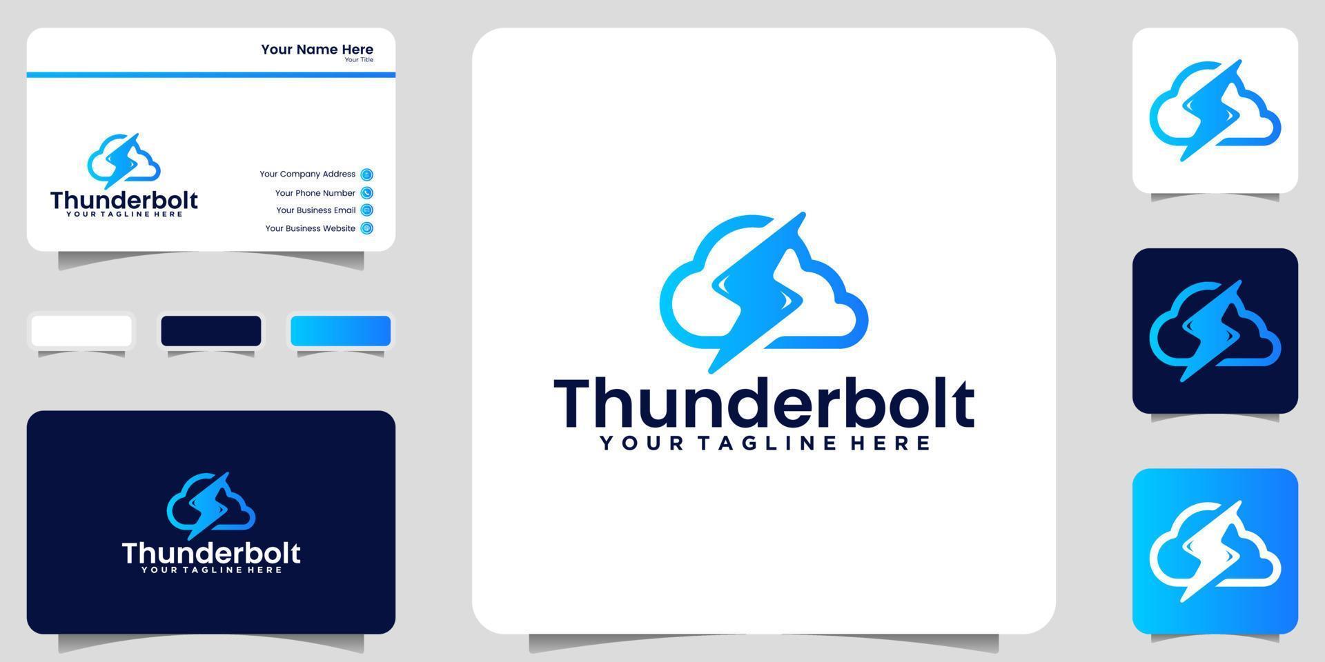 technology cloud logo inspiration and lightning thunderbolt icon and business card design vector