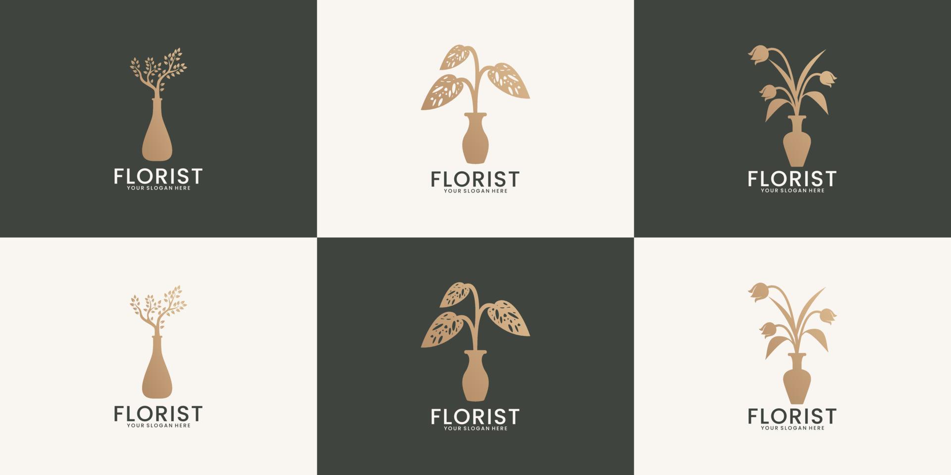 una colección de inspiraciones de logotipos de plantas ornamentales en jarrones florales vector