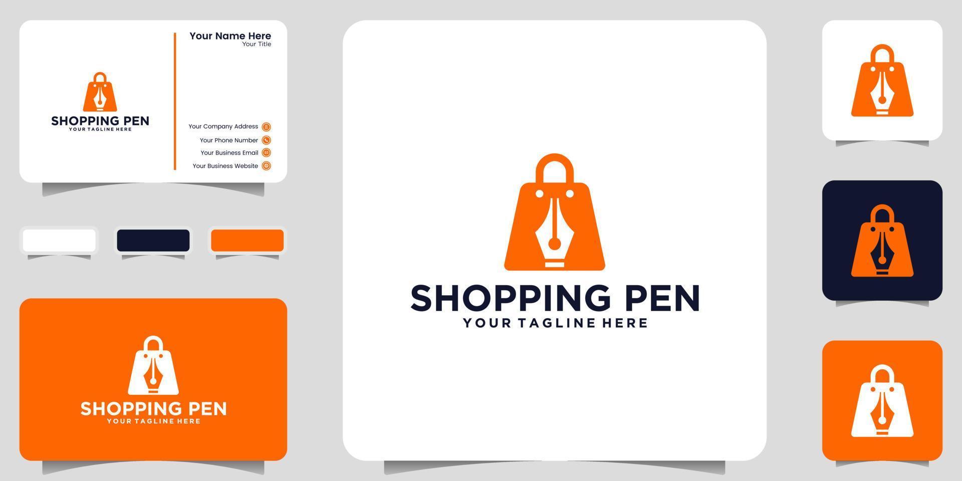 shopping bag logo and negative space pen icon and business card design vector