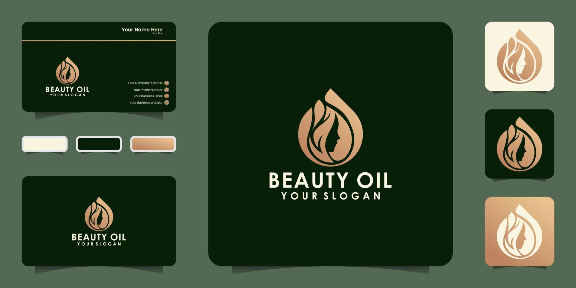 diseño de logotipo y tarjeta de visita de aceite de belleza para mujeres vector