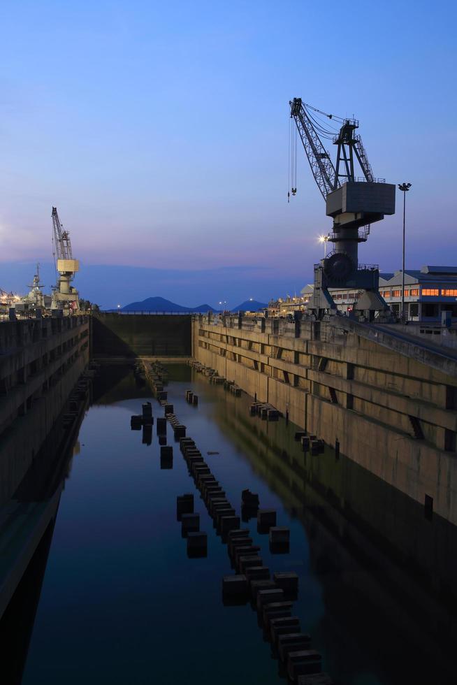 Crane near a covered dry dock at the shipyard photo