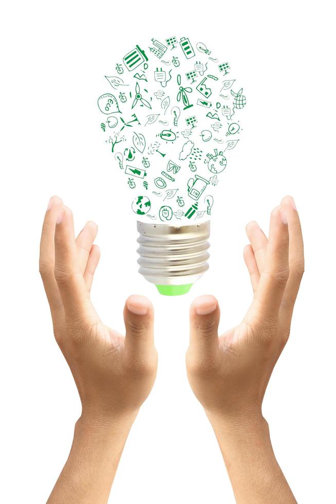 Hands holding green ecology light bulb photo