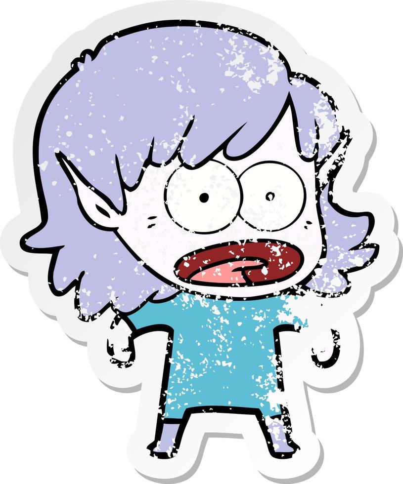 distressed sticker of a cartoon shocked elf girl vector