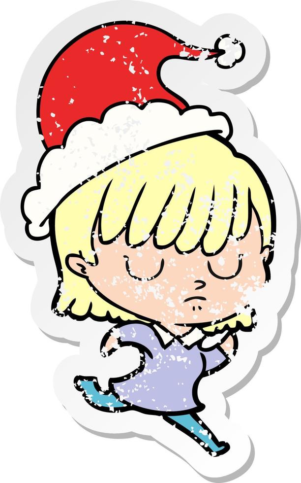 distressed sticker cartoon of a woman wearing santa hat vector