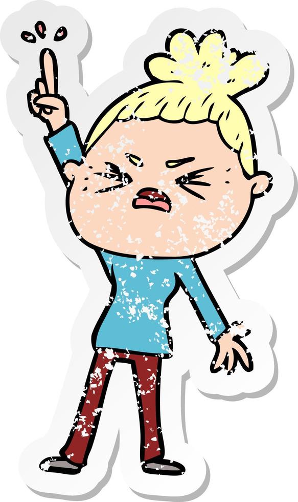 distressed sticker of a cartoon angry woman vector