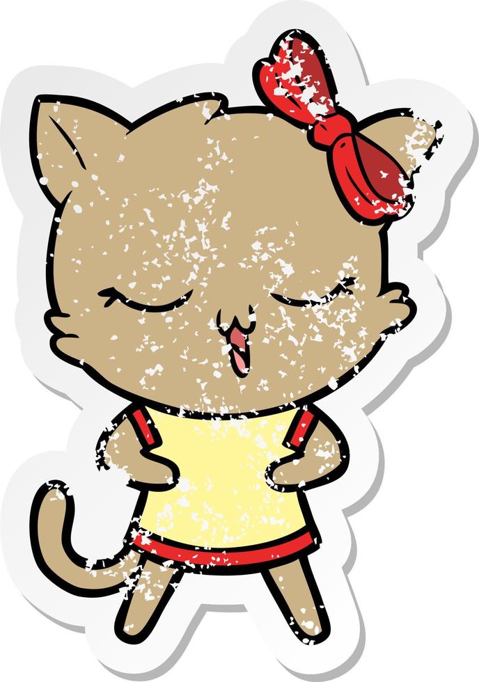 distressed sticker of a cartoon cat with bow on head vector
