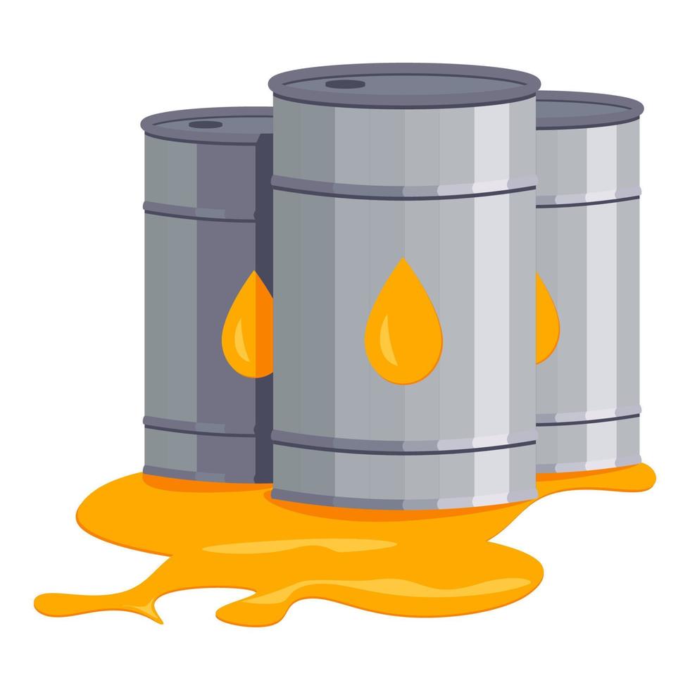 Oil barrel. Barrels with hazard liquid. Industrial waste, toxic environmental pollution. Fuel pollution. Leakage of flammable liquid vector