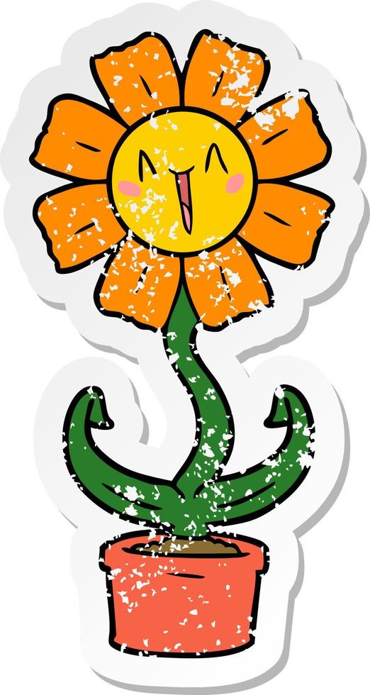 distressed sticker of a happy cartoon flower vector
