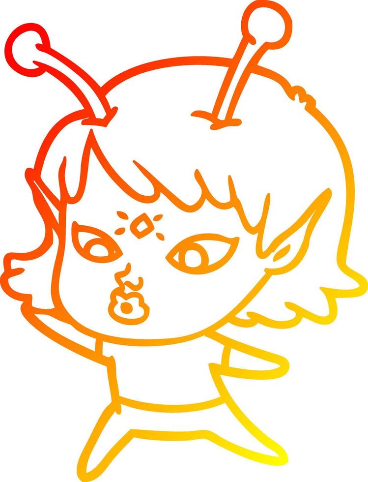 warm gradient line drawing pretty cartoon alien girl vector