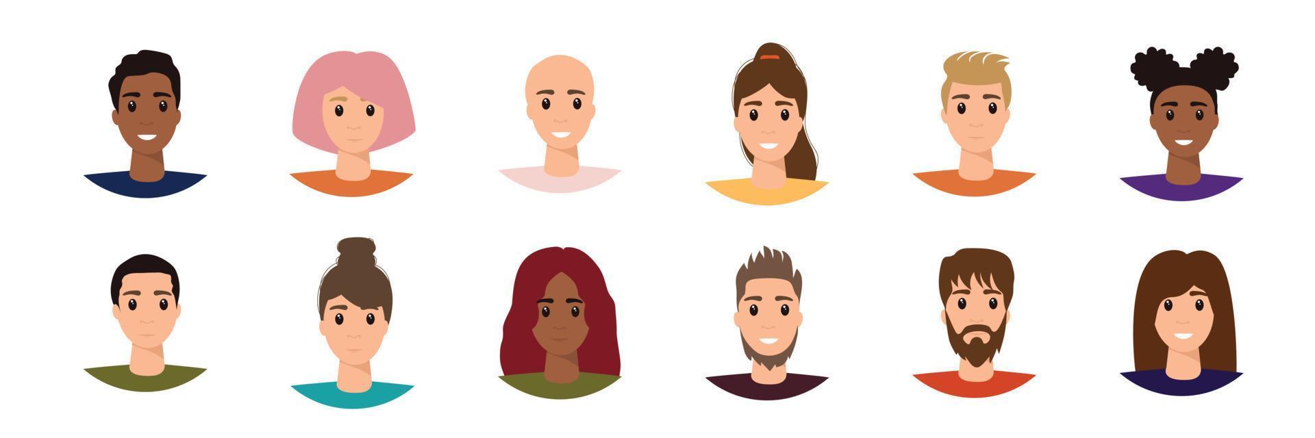 Set different person portrait of big diverse business team vector flat illustration. Collection of people avatars isolated. Bundle of joyful smiling colleagues. Man and woman faces at round frame