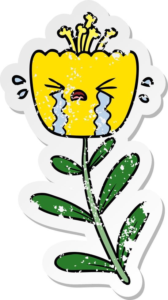 distressed sticker of a cartoon crying flower vector