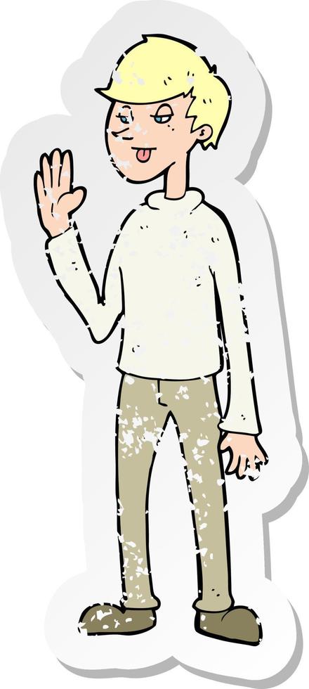 retro distressed sticker of a cartoon waving man vector