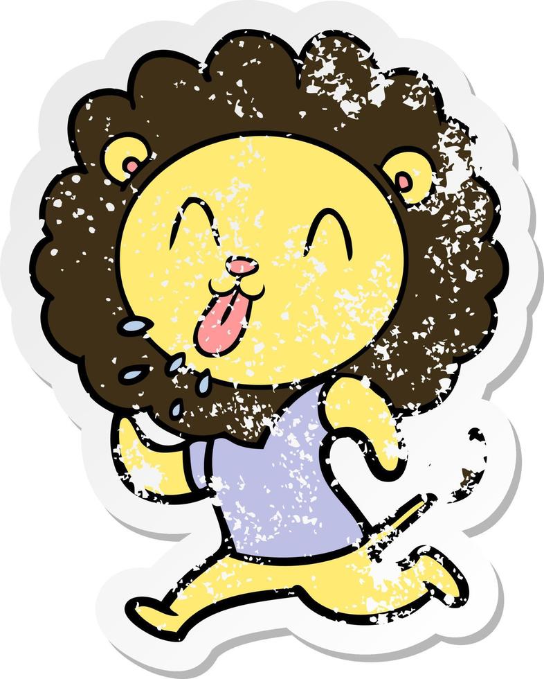 distressed sticker of a happy cartoon lion vector