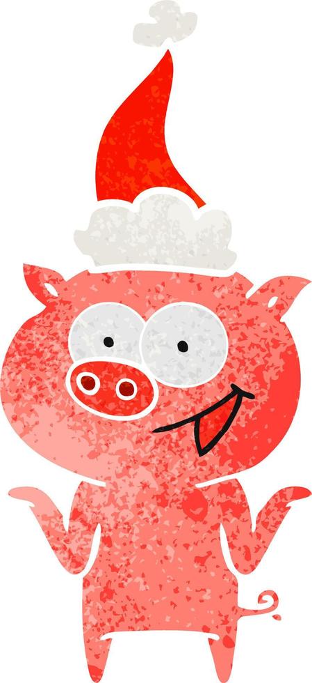 retro cartoon of a pig with no worries wearing santa hat vector