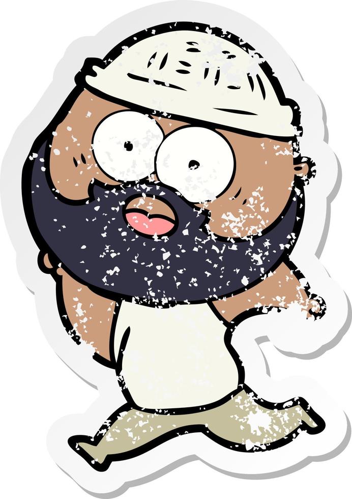 distressed sticker of a cartoon bearded man running vector