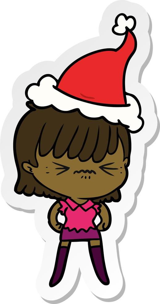 annoyed sticker cartoon of a girl wearing santa hat vector