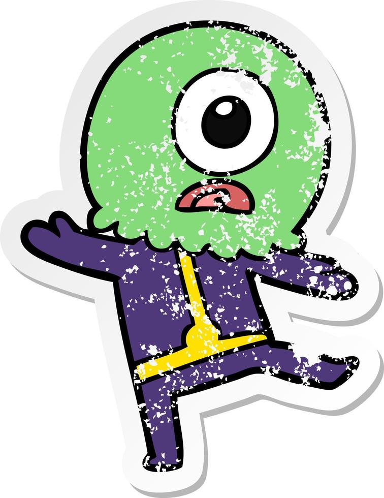 distressed sticker of a cartoon cyclops alien spaceman vector