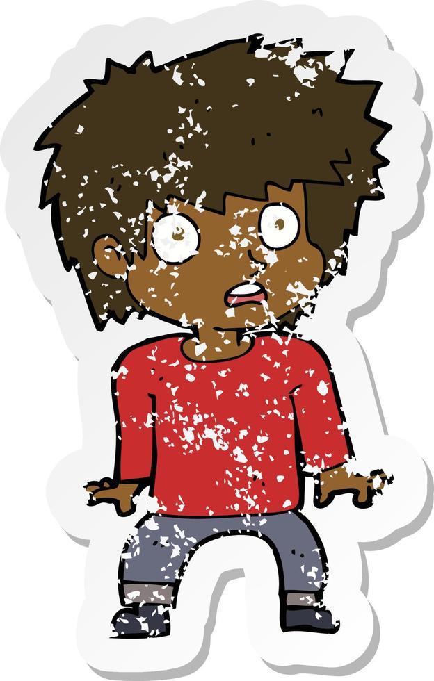 retro distressed sticker of a cartoon frightened boy vector