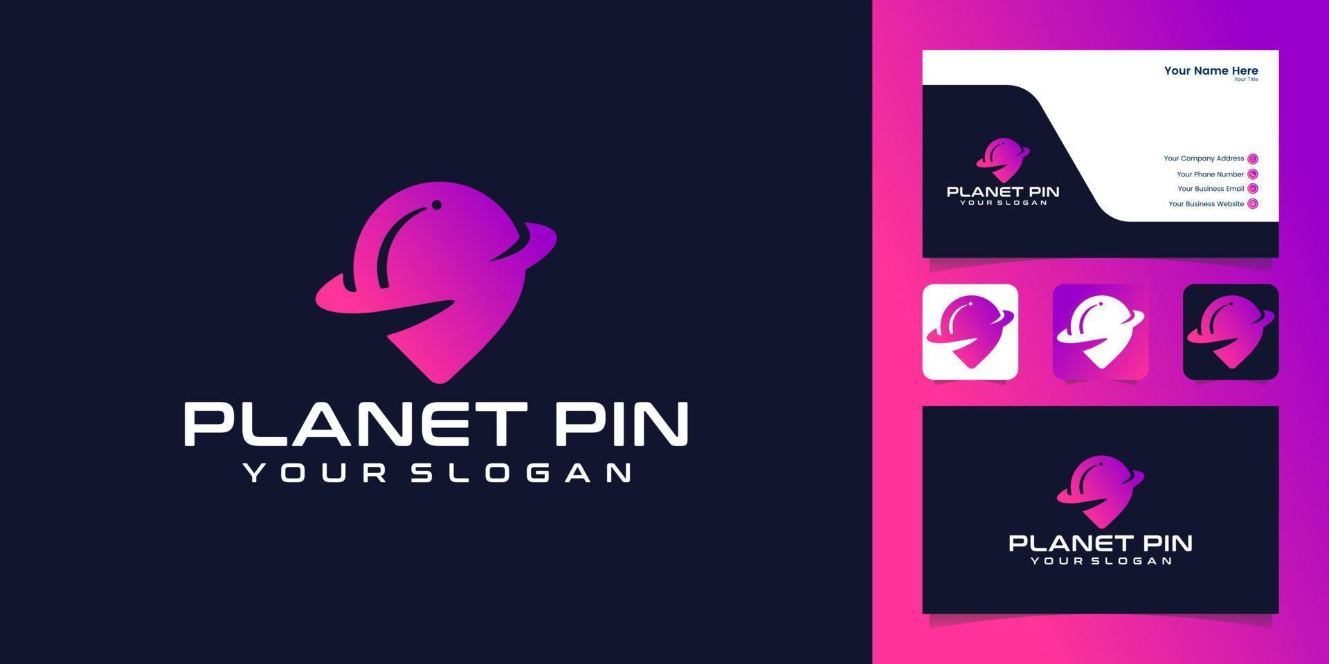 plantilla de diseño de icono de logotipo de punto pin de planeta y tarjeta de visita vector