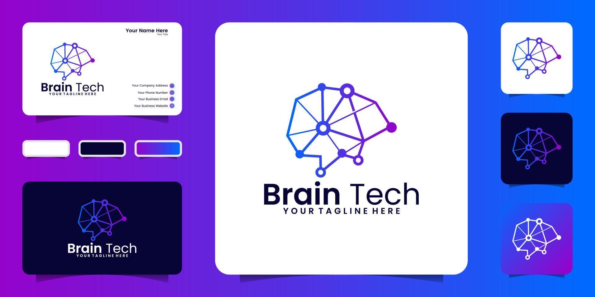 technology abstract brain logo design inspiration with interconnected lines and business card inspiration vector