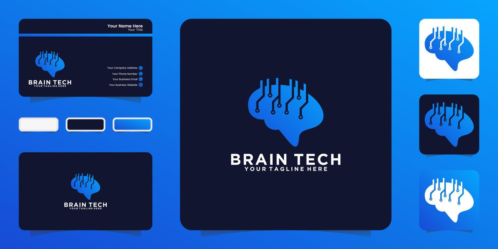 inspiración de diseño de logotipo de cerebro de tecnología de chip y tarjeta de visita vector