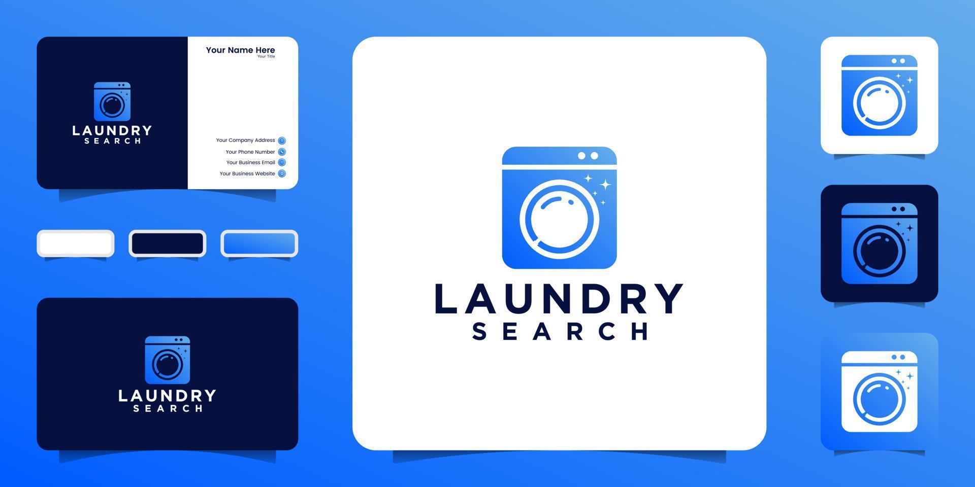 laundry search logo design inspiration, washing machine and magnifying glass icon and business card design vector