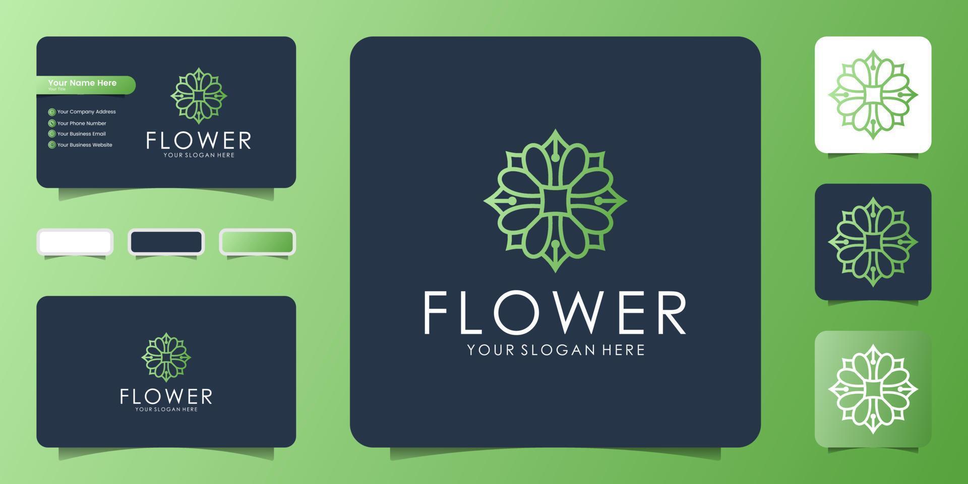 luxury and elegant autumn floral mandala logo design with line art style and business card inspiration vector