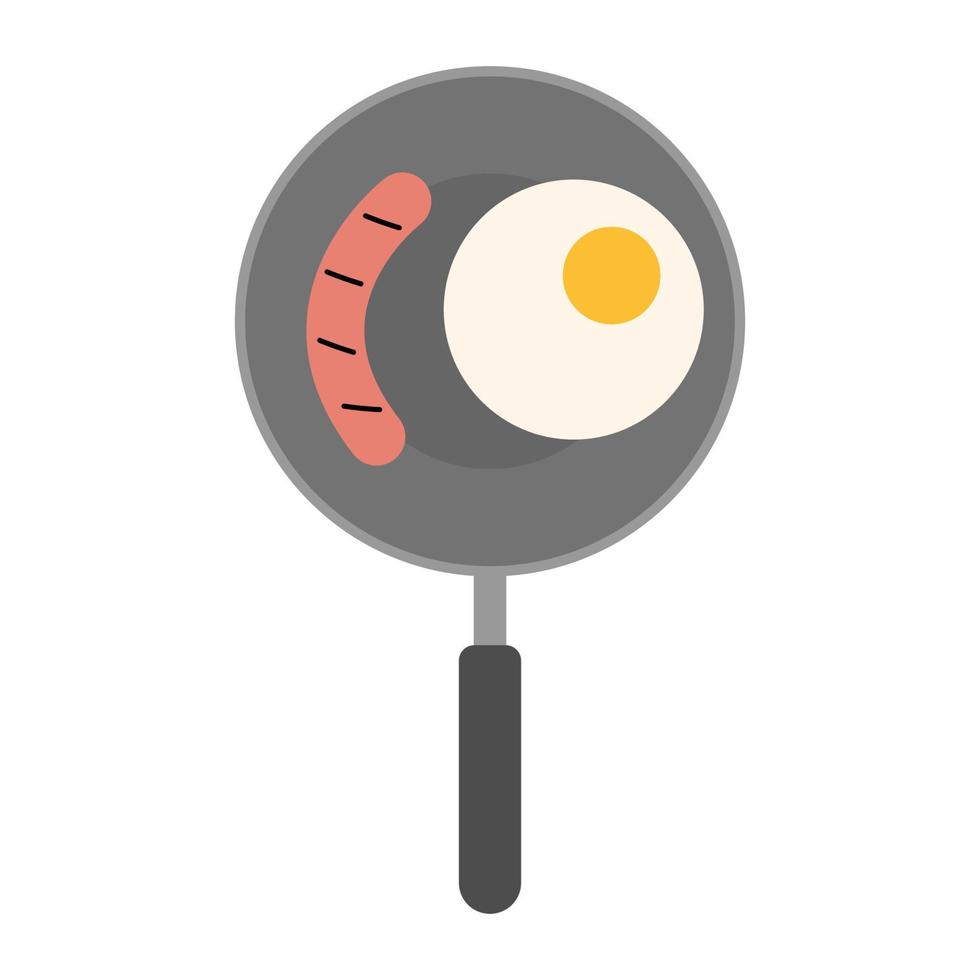 Cooking breakfast. Fried egg and sausage on pan. vector
