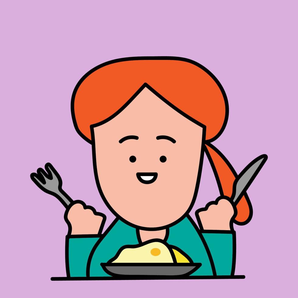 Girl eating breakfast. Cute character. Card design. vector