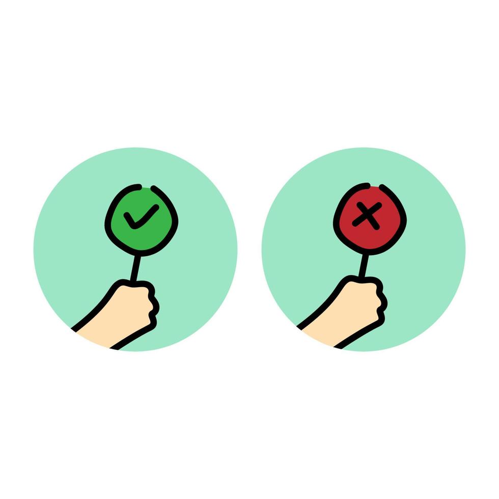 Hand holding correct and wrong sign. Green checkmark and red cross mark icon. vector illustration