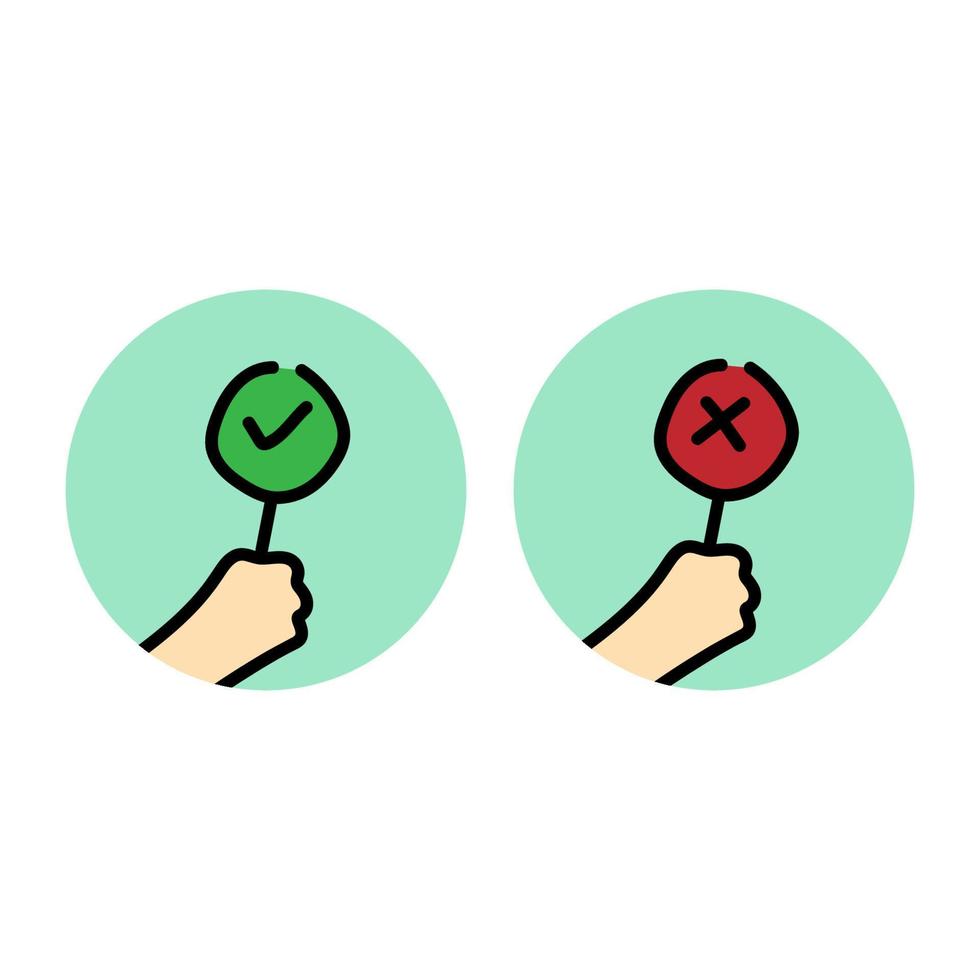 mano sosteniendo el signo correcto e incorrecto. marca de verificación verde e icono de marca de cruz roja. ilustración vectorial vector