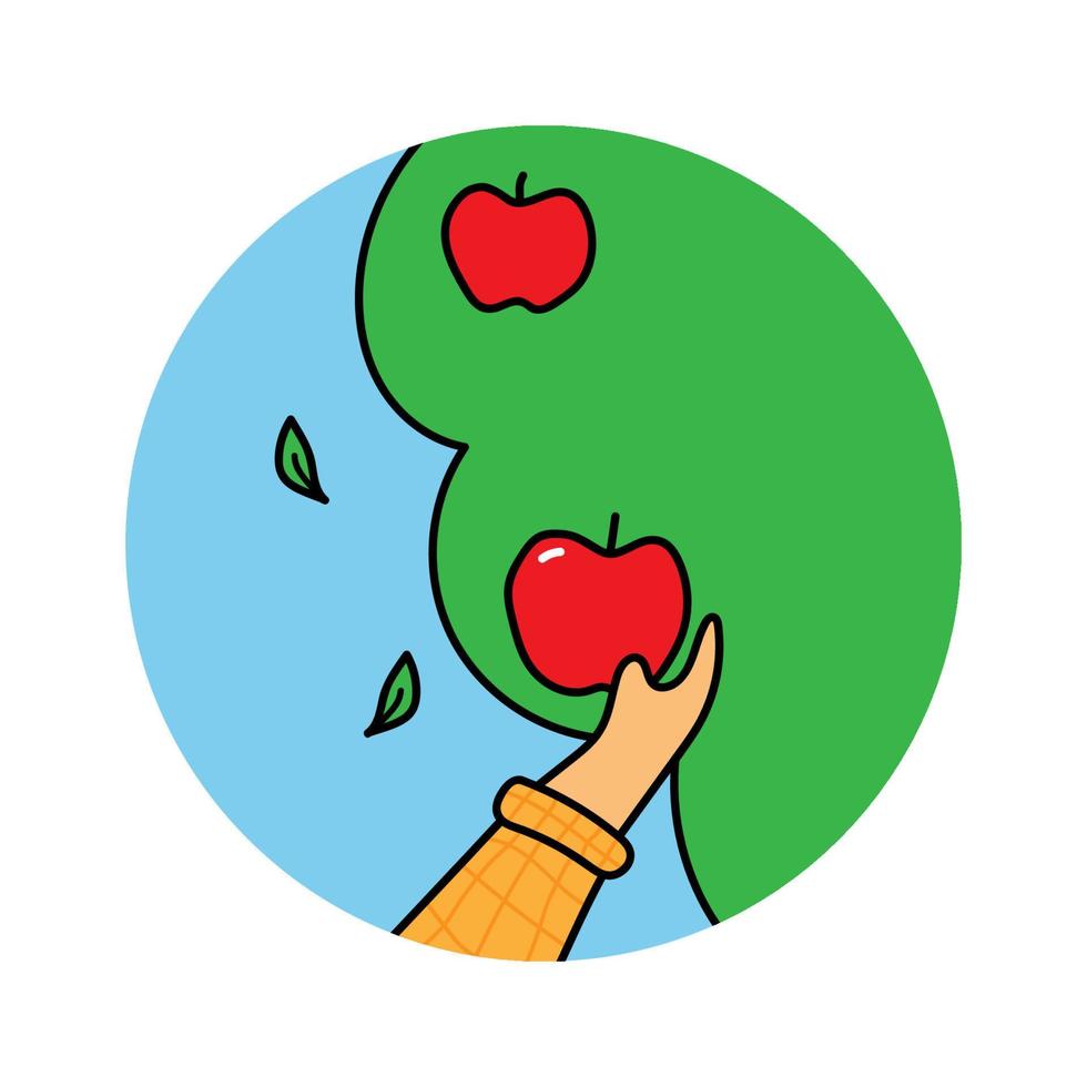 Hand holding apple. Apple tree in orchard. Autumn harvest. Vector illustration