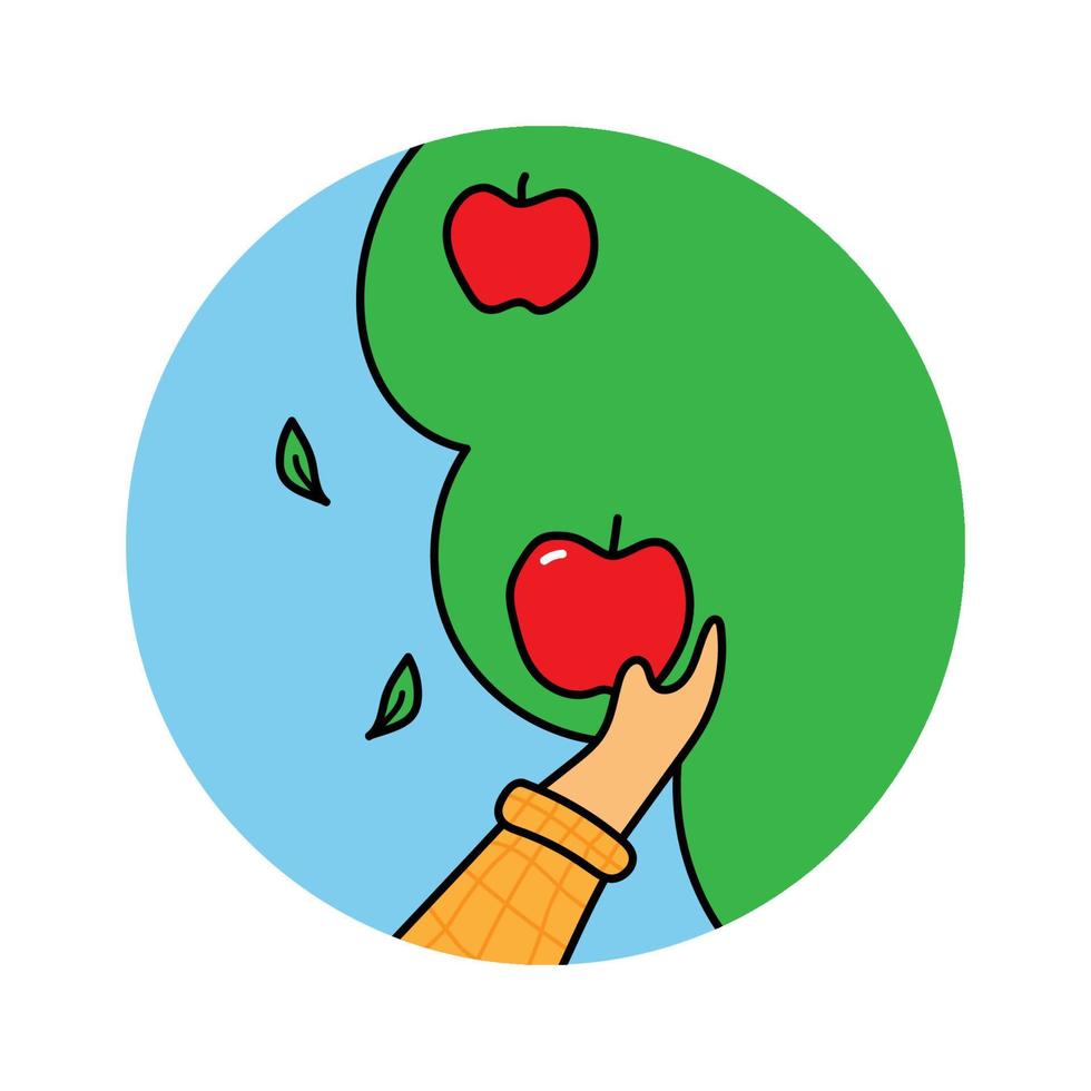 mano que sostiene la manzana. manzano en huerto. cosecha de otoño. ilustración vectorial vector