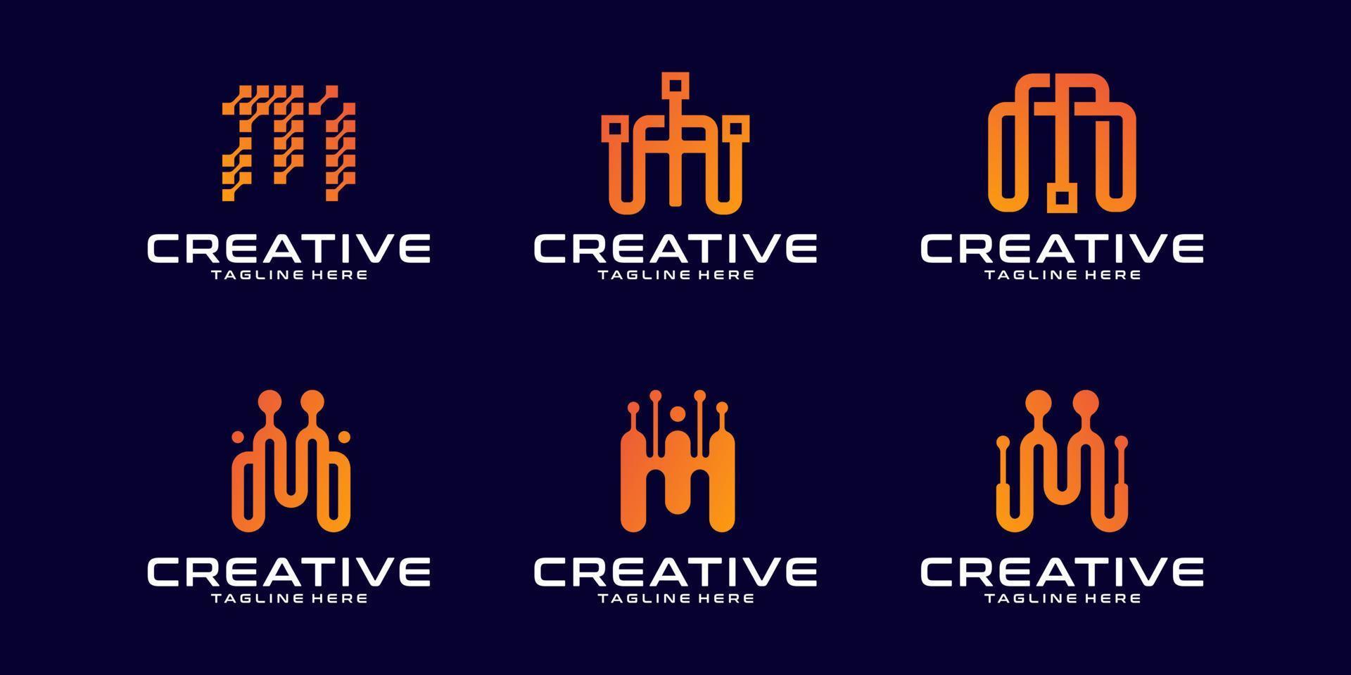 conjunto de logotipo de tecnología digital moderna letra m creativa vector