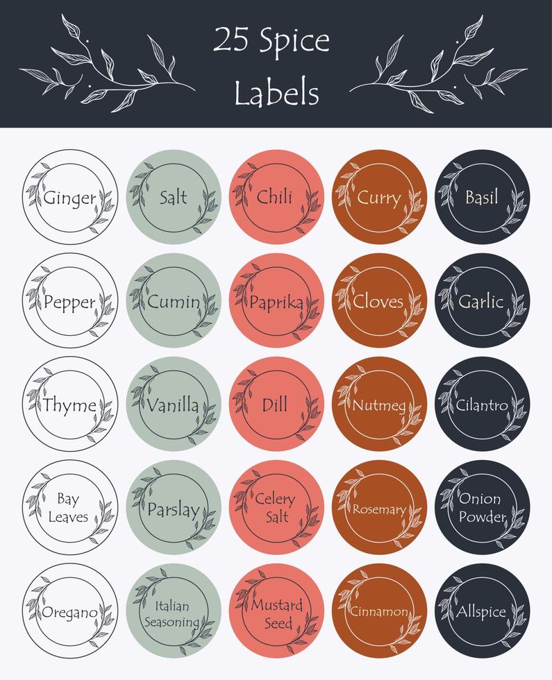 Pantry spice jar seasoning label sticker organizer set. For marking kitchen food containers with spices. vector