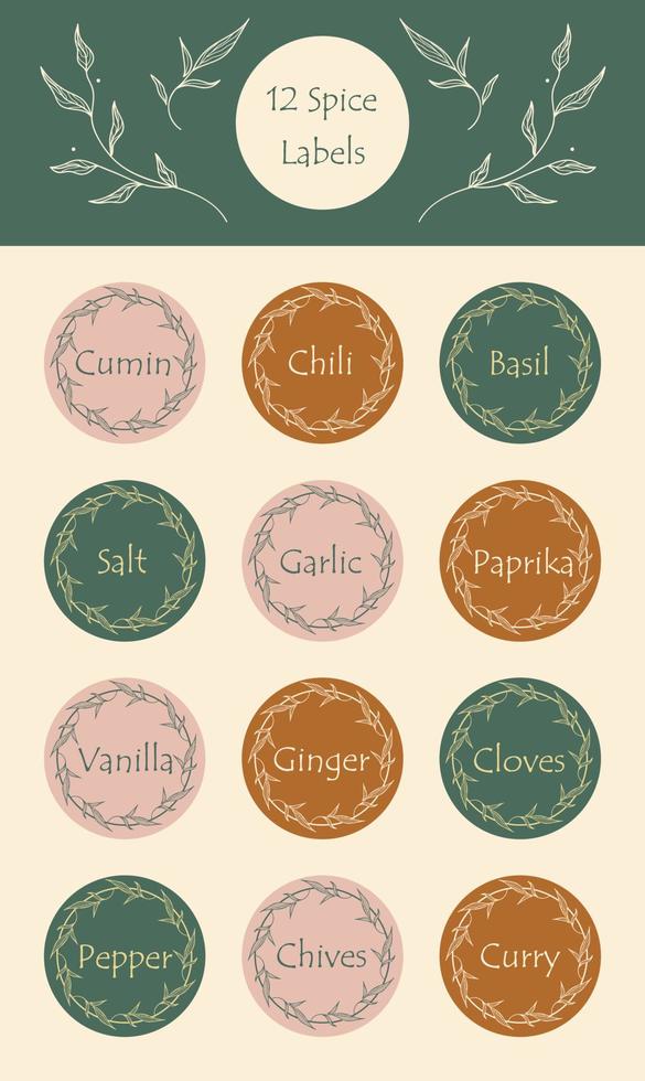 Pantry spice jar seasoning label sticker organizer set. For marking kitchen food containers with spices. vector