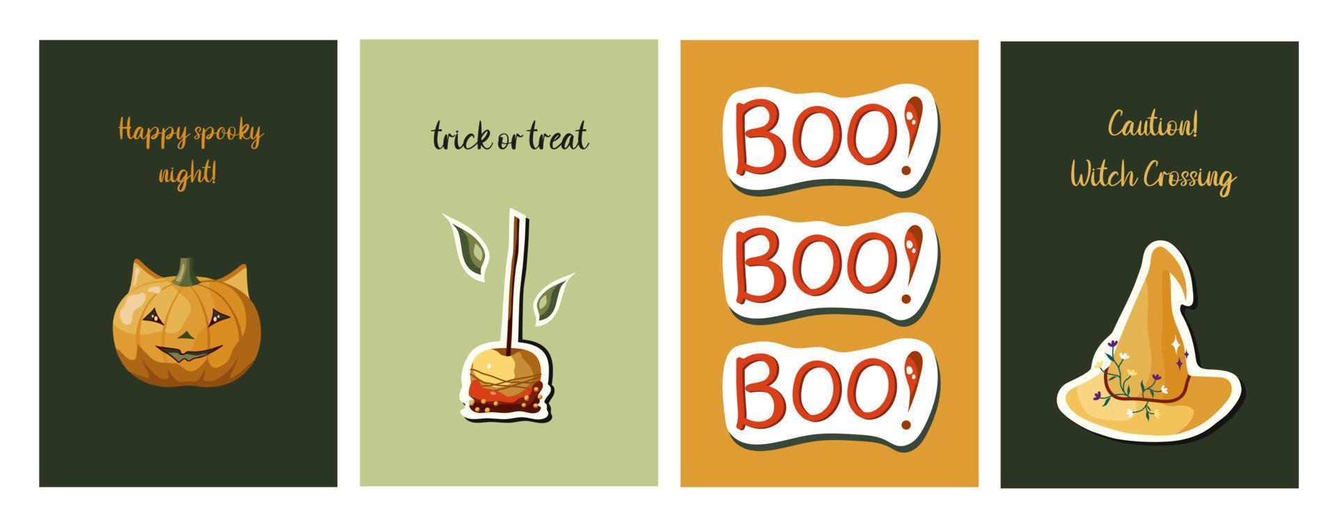 Set of Halloween cards with pumpkin, caramel apple, marshmallow, cat, and witch hat. October 31. Perfect for posters, covers, or postcards. vector