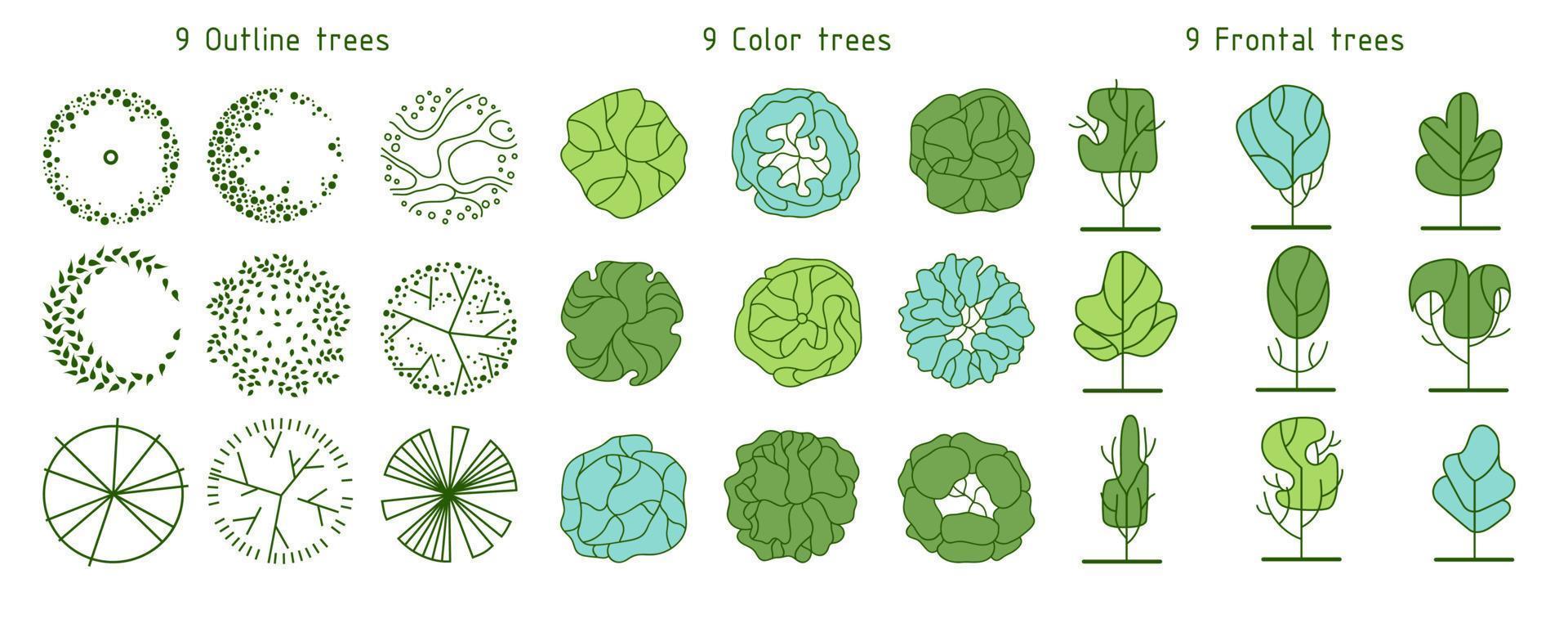 árbol para planos arquitectónicos. diseño de séquito. varios árboles, arbustos y arbustos, vista superior para el plan de diseño del paisaje. vector