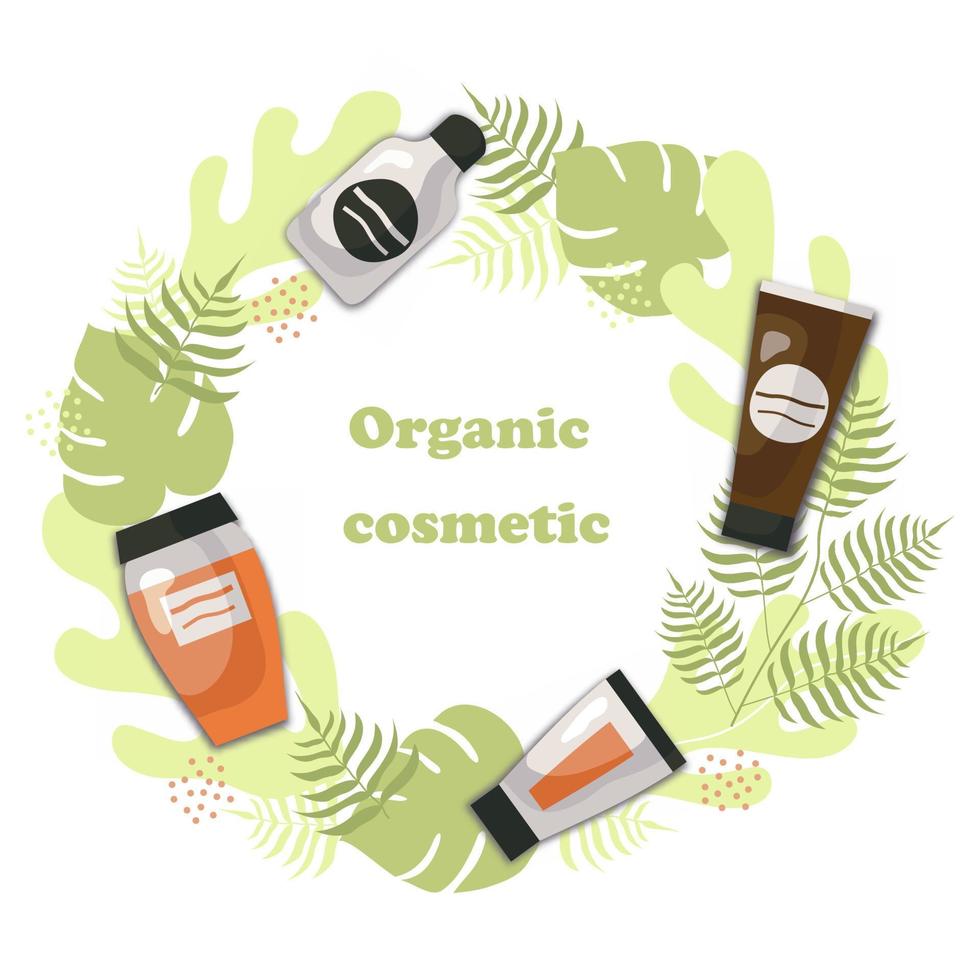 Organic cosmetic. Set of a skin-care product. Eco friendly. Flourish laurel wreaths. vector