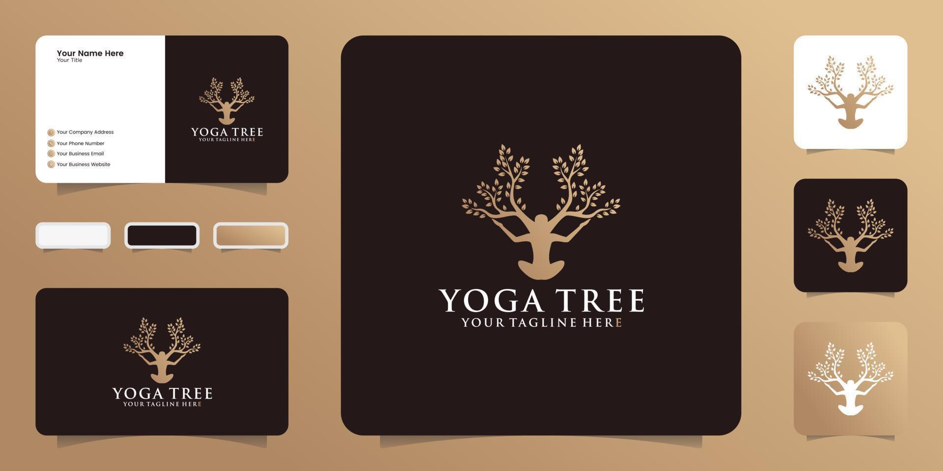 logo of a woman in a yoga pose, merged into a growing tree and a business card vector