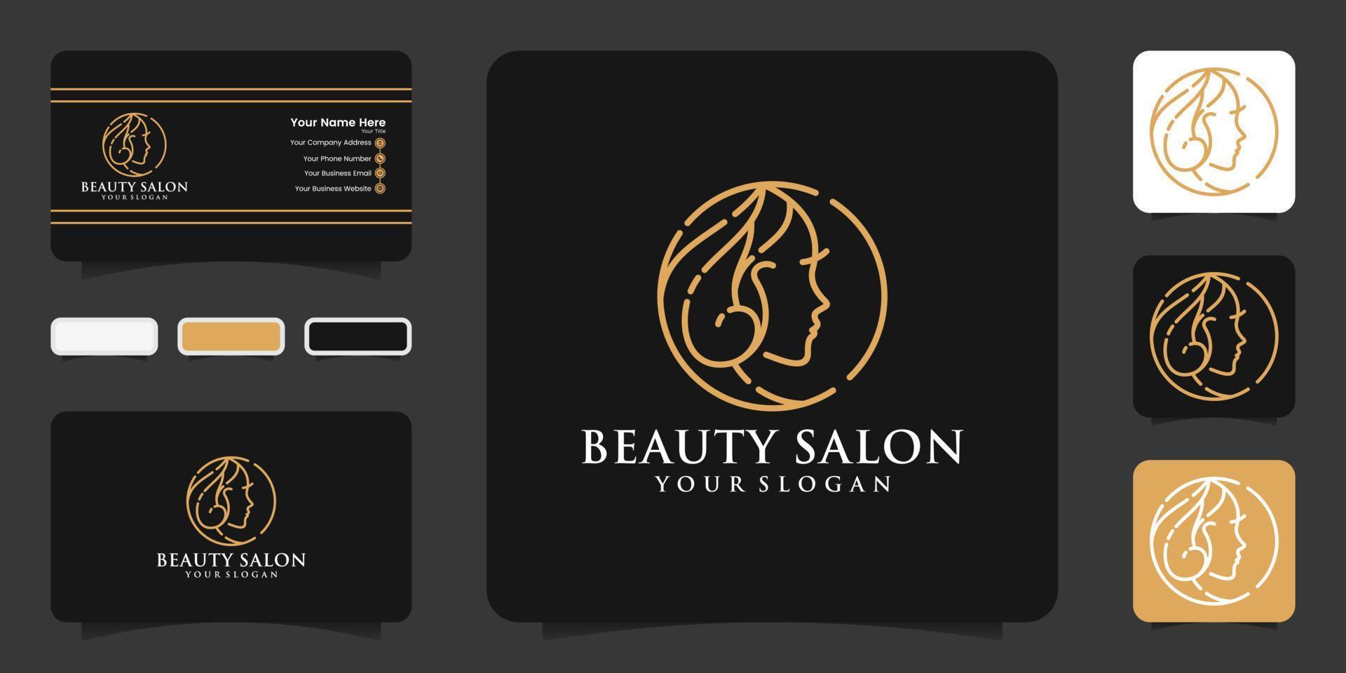 belleza mujer peluquería diseño de logotipo degradado dorado y tarjeta de visita vector