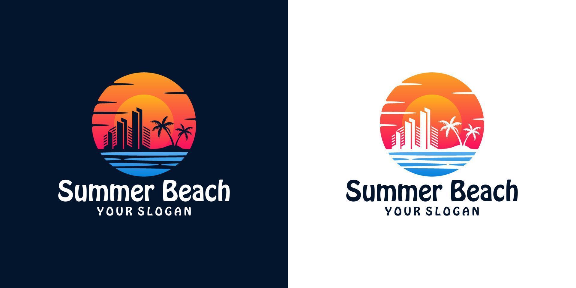Sunset logo with silhouette of city building on seaside design template vector