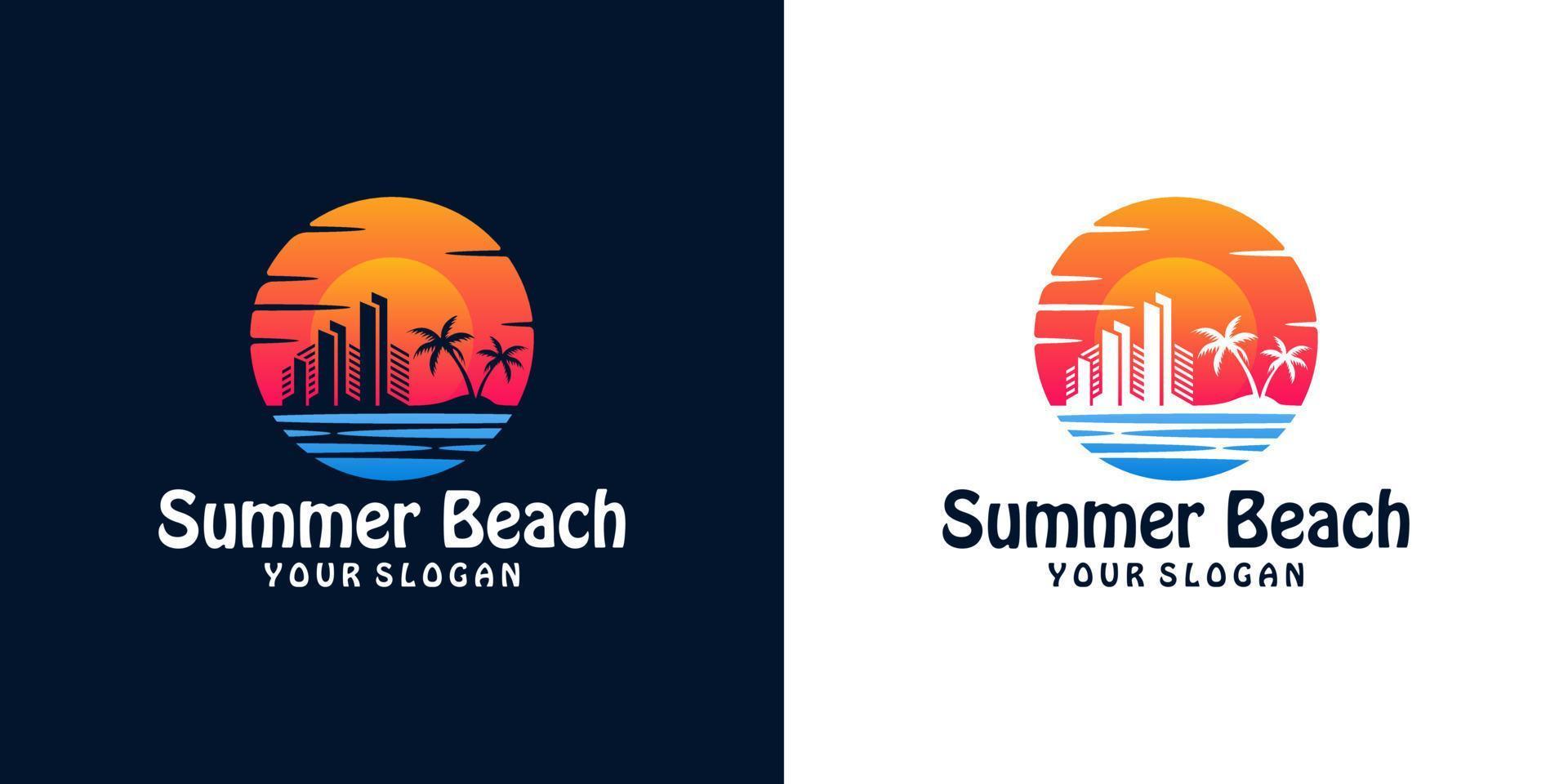 logotipo de la puesta del sol con la silueta del edificio de la ciudad en la plantilla de diseño junto al mar vector